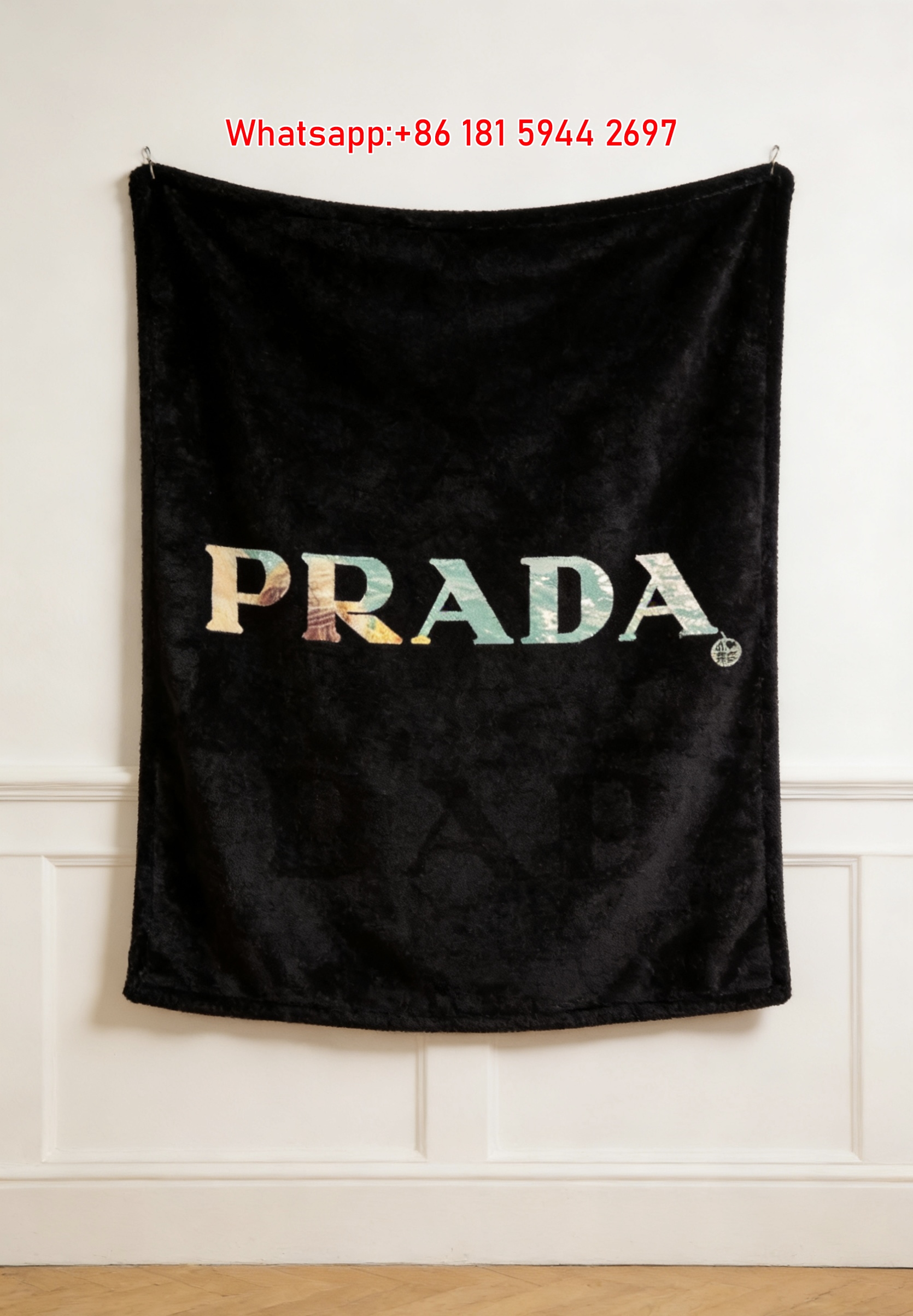 Prada Black Background Beach Scenery Filled Prada Logo Printed Flannel Throw Blanket IMG_2752